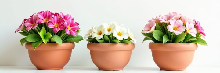 Three clay pots filled with vibrant flowers in bloom against a clean white backdrop, flowers,  vibrant