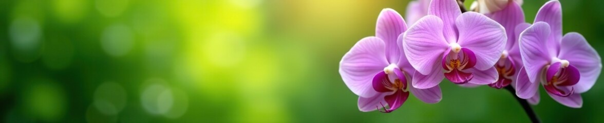 Soft focus image of beautiful purple and white orchids in a lush green background,  background,  delicate