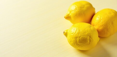 Three ripe lemons arranged on a sunny yellow striped white surface,  fruits,  stripes