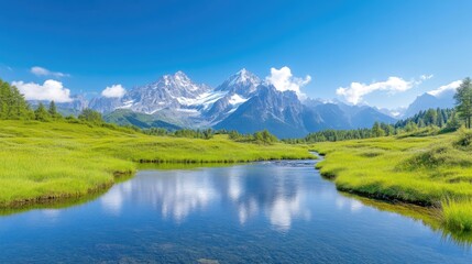 Mountain Lake Alpine Meadow Vibrant Nature High-definition vivid landscape Wide tranquil reflection Serene landscape Sunlit peaks Bright azure tones Ideal for travel brochures