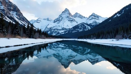 Three Sisters Peaks perfectly reflected in Bow River, Canmore, Alberta, Canada, Winter season, Bear country, Beautiful landscape background concept,  Reflection,  Mountain
