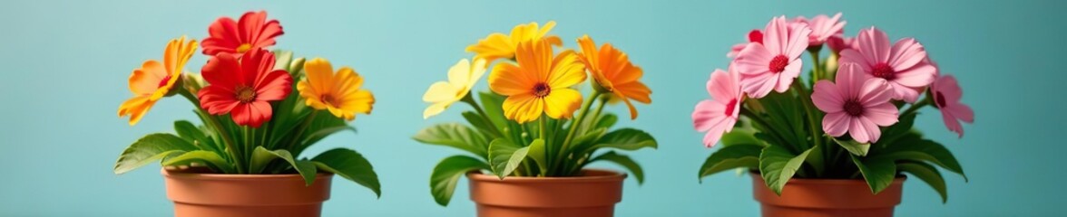 Three vibrant potted plants with colorful flowers in full bloom,  indoor,  botanical