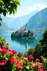 Scenic view of Isola Madre with vibrant ornamental floral gardens overlooking Lago Maggiore in Northern Italy,  view, Isola Madre