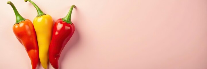Three vibrant chili peppers of different colors arranged neatly on a soft pastel background,  background,  ingredient