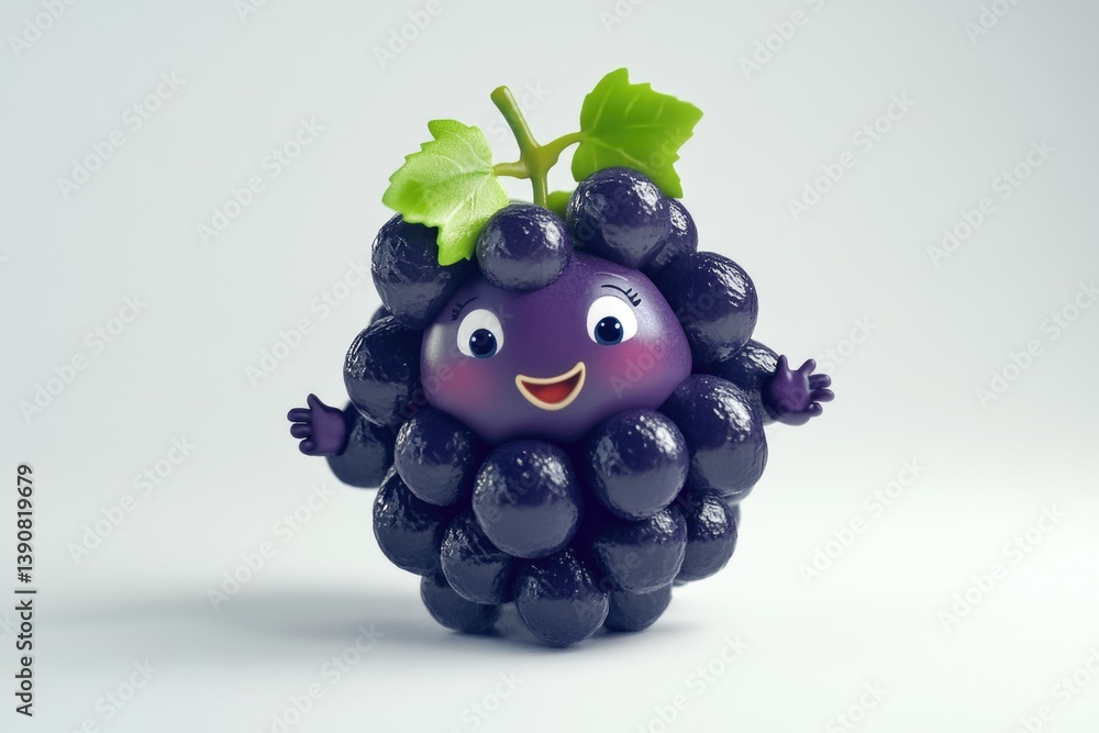 Poster a cheerful cartoon grape character with a happy expression, waving hello.