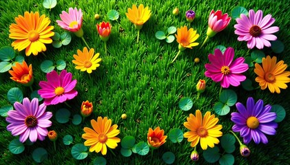 Top view of a vibrant assortment of evergreen colorful flowers and lush grass in a natural setting,  blooming,  garden