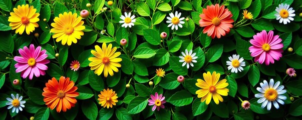 Top view of a vibrant assortment of evergreen flowers and lush green grass in a natural setting,  spring,  field