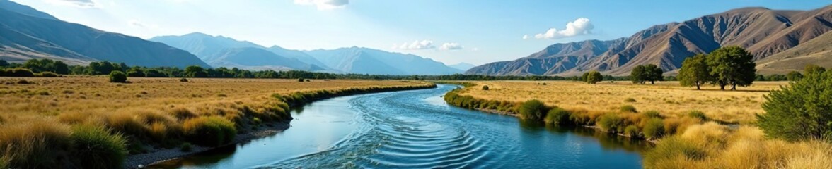 Scenic view of Knife River winding through picturesque landscape under blue sky,  brown,  trees
