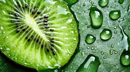 Juicy kiwi slice, dewy leaf, vibrant green, macro shot, healthy food