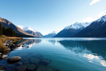 Scenic view of Lake Wanaka with snow-capped mountains in the background,  New Zealand,  serene