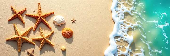 Top view of sandy beach with exotic seashells, starfish, textured background, aesthetic summer design,  starfish,  shells