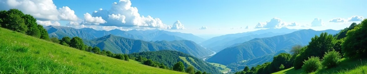 Scenic view of lush green mountains under clear blue sky on a sunny day,  sunny day,  nature