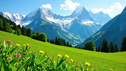 Scenic view of lush meadows and snow-capped mountains in Bavaria during springtime,  scenic view,  peaceful