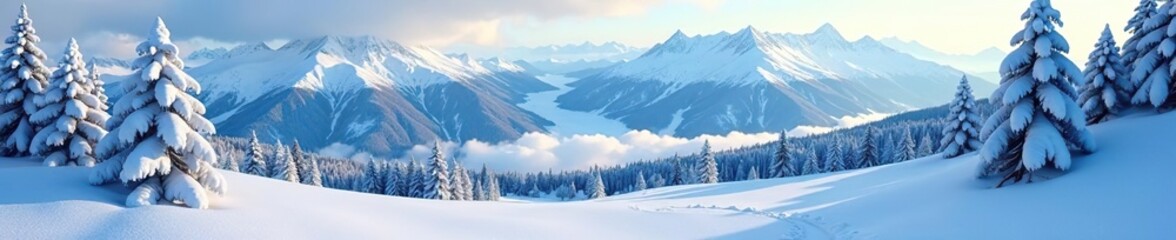 Snow-covered landscape with a bird's eye view of alpine trees and mountains in winter,  wilderness,  white