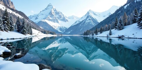 Snow-covered mountain peaks and pine forests reflecting in a crystal-clear alpine lake in Grindelwald, Switzerland during winter,  pine forests,  Swiss Alps