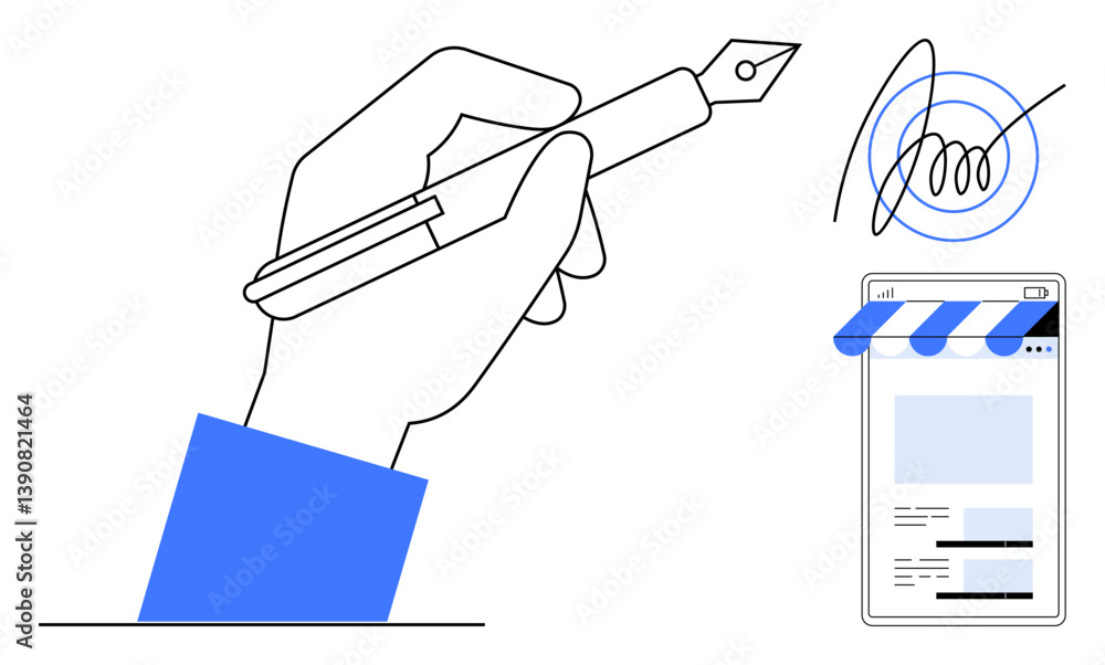 Poster hand holding pen creating signature with online storefront elements. ideal for e-commerce, digital s