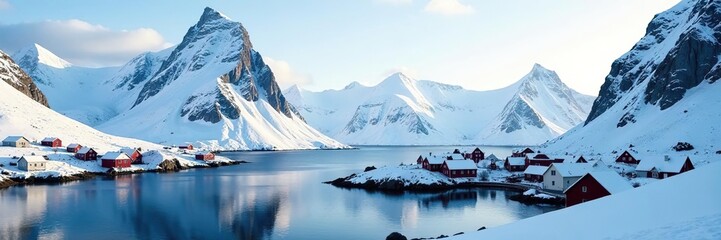 Snow-covered mountains towering over a charming town on the Lofoten Islands, Norway,  Nordic countries,  travel