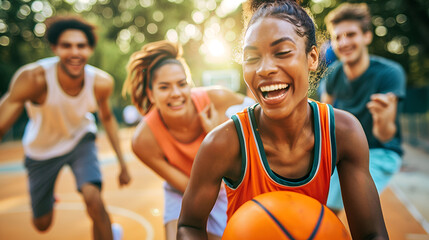 Diverse group of young adults joyfully playing basketball outdoors on a sunny day, full of energy and smiles.


