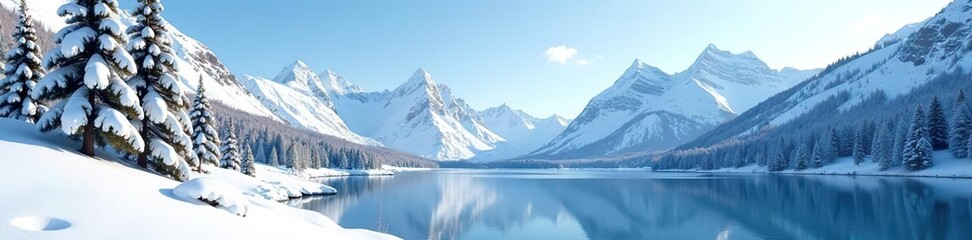Snow-covered mountains with pine trees covered in snow, a frozen lake in the foreground under a clear blue sky,  frost-covered trees,  scenic