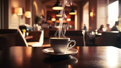 A warm, steaming cup of coffee in a cozy cafe or restaurant setting, often with a pleasant view indoors or outdoors. A moment of comfort and indulgence