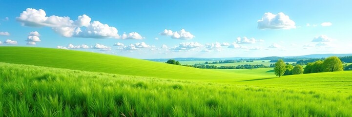 Fototapeta premium Scenic view of Russia's summer landscape with vibrant green fields under a clear blue sky dotted with fluffy white clouds, landscape, Russia