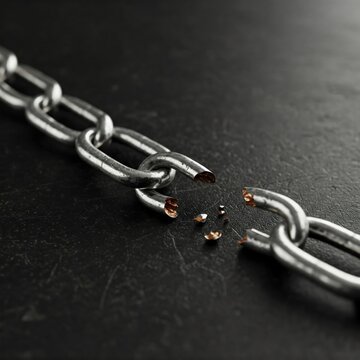 A broken metal chain on a black surface with shrapnel.