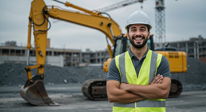 Confident construction equipment operator smiling in front of yellow excavator, conveying positivity and professionalism, at a blurred construction site with cool tones