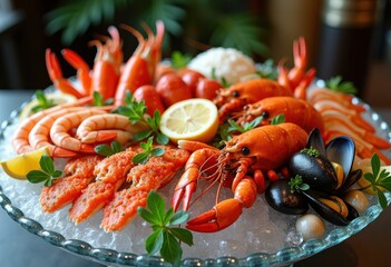 assorted seafood platter ice display fresh shrimp crab lobster mussels clams oysters appetizer shellfish feast, cocktail, dip, dish, presentation, arrangement