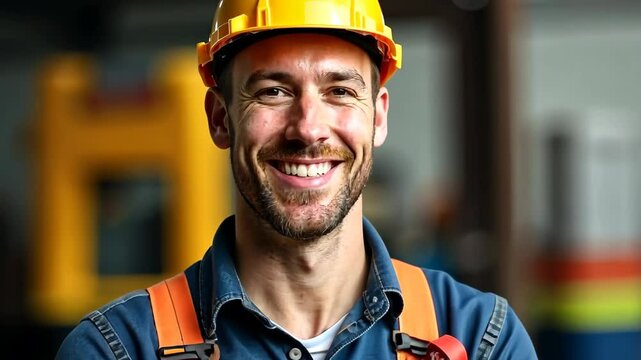 Portrait of a male worker in a yellow safety helmet standing on a construction site or at a workplace in industry, in a manufacturing workshop, carpentry shop. Male carpenter, fitter