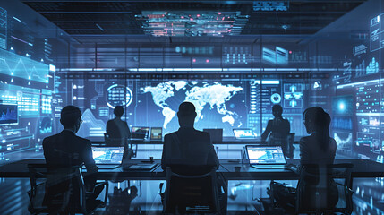 Fototapeta premium Four people in a meeting with laptops at a table, discussing charts and documents on the wall.