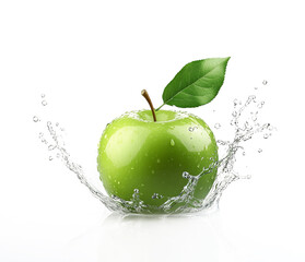 Fresh green apple and splash of water on white background.