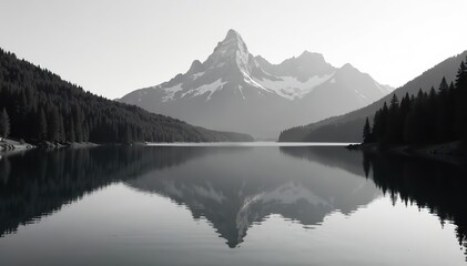 Serene black and white image of a mountain range reflected in a calm lake surrounded by thick forests, peaceful, lake