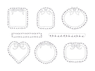 Vector set of hand-drawn frames with ruffles and bows in black and white. Outline design with frilly edges, perfect for cards, invitations, scrapbooking, and coloring pages.
