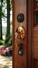 Fototapeta premium Wooden door handle with outdoor view