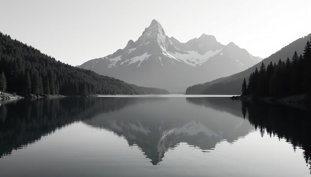 Serene black and white image of a mountain range reflected in a calm lake surrounded by thick forests,  peaceful,  lake