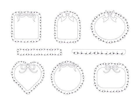 Vector set of hand-drawn frames with ruffles and bows in black and white. Outline design with frilly edges, perfect for cards, invitations, scrapbooking, and coloring pages.
