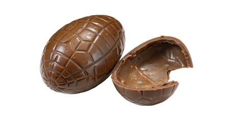 A decadent milk chocolate Easter egg, partially eaten, revealing a creamy, rich filling against a stark white background.