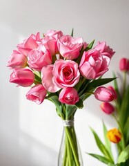 Luxurious pink rose and tulip bouquet, long stems, celebration flowers, pink flowers
