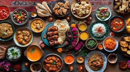 A Delicious Array of Indian Dishes Presented on a Wooden Table