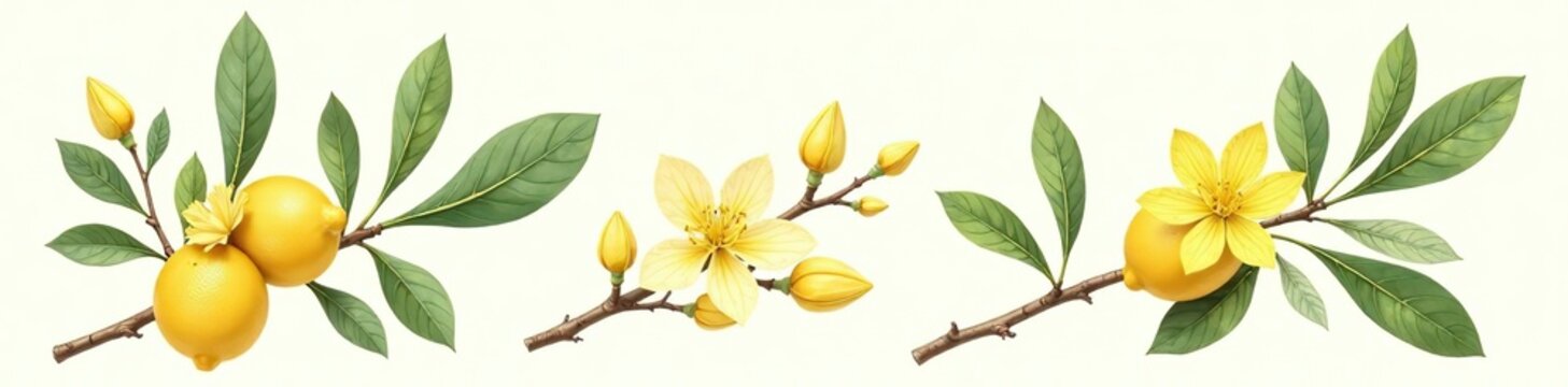 Set of blooming twigs and flowers of neroli on citrus branch, hand-drawn botanical illustration for cosmetic, perfumery, and medicinal plant products,  flowers,  neroli