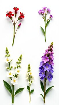Set of small flowers including berberis, spirea, limonium, lupine and gypsophila on white background,  isolated,  background