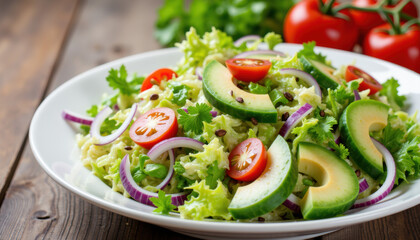 Fresh salad with cucumber and tomatoes on rustic wooden table  