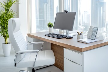 Fototapeta premium A modern office desk with a computer and city view