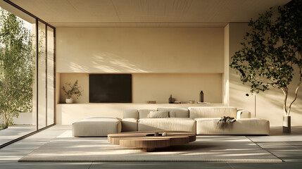 Serene living room featuring a modular sofa, wooden coffee table, and abundant natural light streaming through large windows, creating a tranquil and inviting atmosphere.
