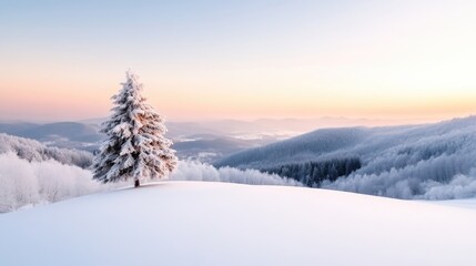 Naklejka premium Snowy Pine Tree Winter Landscape Serene Panorama High-resolution Soft Light Wide Angle Expansive View Peaceful Sunrise Pastel Hues Ideal for Calming Imagery