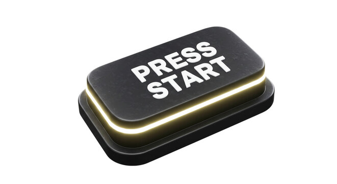 A close up of a black press start button with a glowing edge on a black background studio shot
