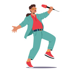 Cool funky man entertainer cartoon character wearing vibrant stage costume singing in microphone