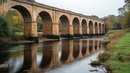 Fototapeta premium Historic Stone Arch Bridge Reflecting in Calm Waters Surrounded by Lush Greenery and Autumn Tr