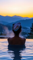 Serene Japanese Luxury: A Silhouette of Relaxation in an Infinity Edge Onsen Overlooking Majestic Mountain Scenery at Sunset