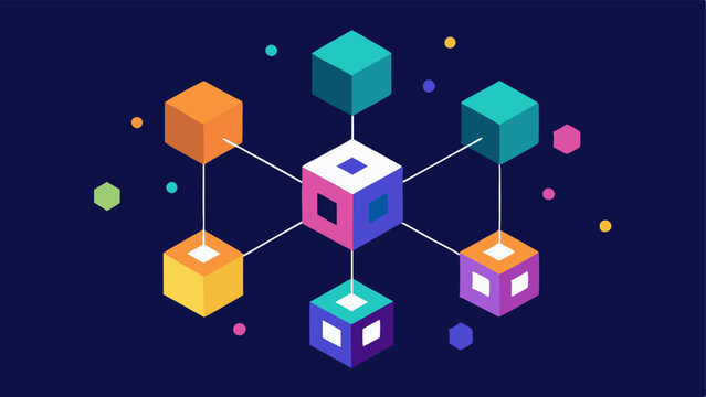 Blockchain Concept An abstract representation of a blockchain with interconnected blocks and a colorful NFT artwork floating above symbolizing secure ownership of digital art.
